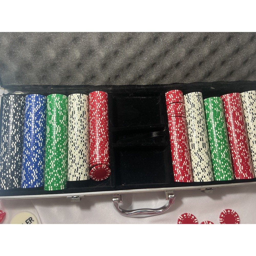 Used Piece Poker Chip Set with Aluminum Case Bee Playing Cards Dice Dealer Butto - Picture 6 of 11